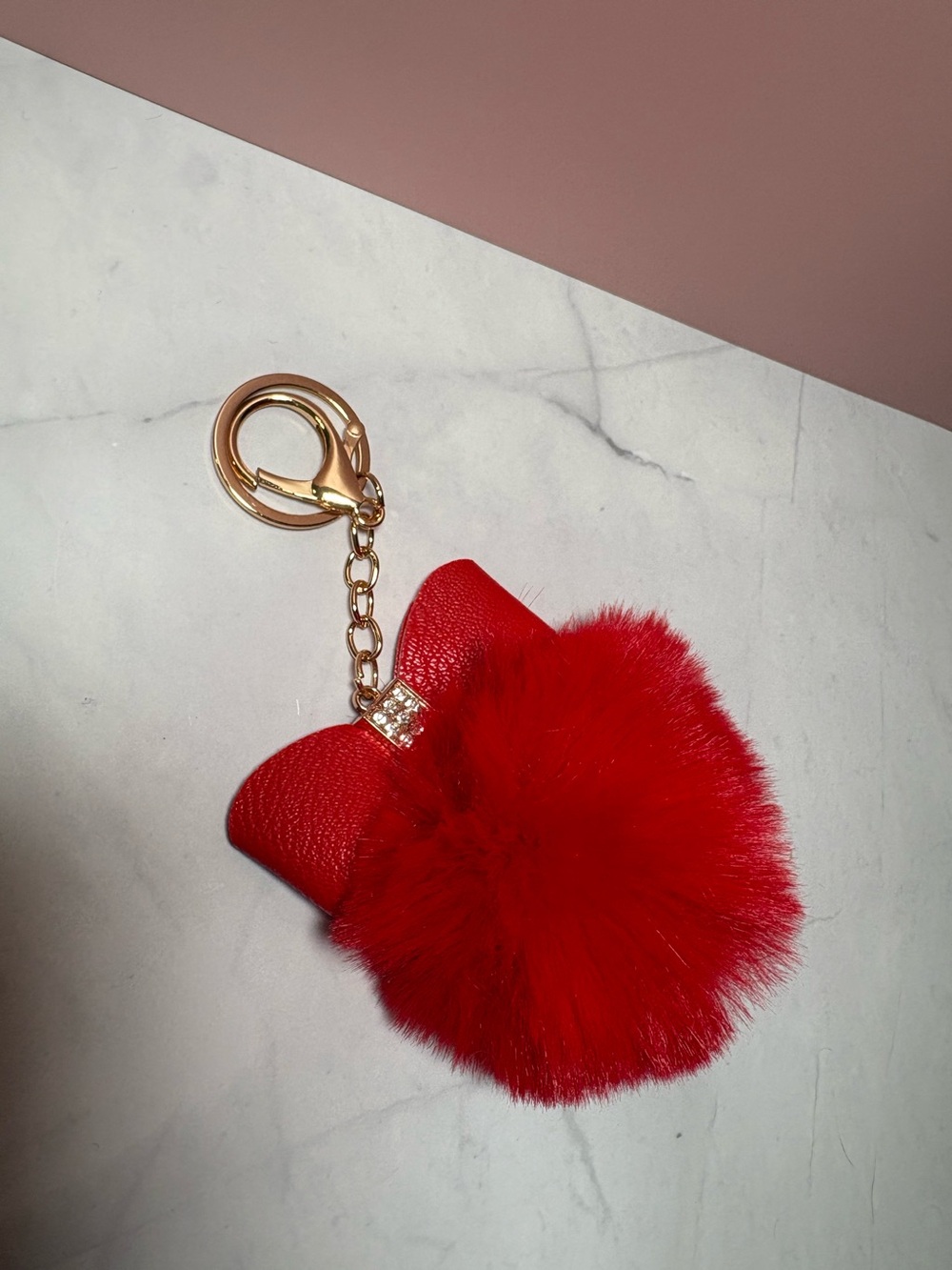 ❤️ Red Fluffy Rhinestone Bow Pom Pom Keychain Bag Charm